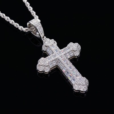Micro Pave Baguette Cross Pendant in White Gold