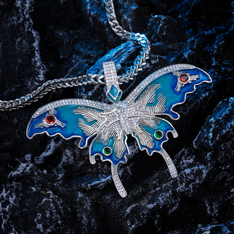 Vintage Blue Enamel Butterfly Pendant with Franco Box Chain