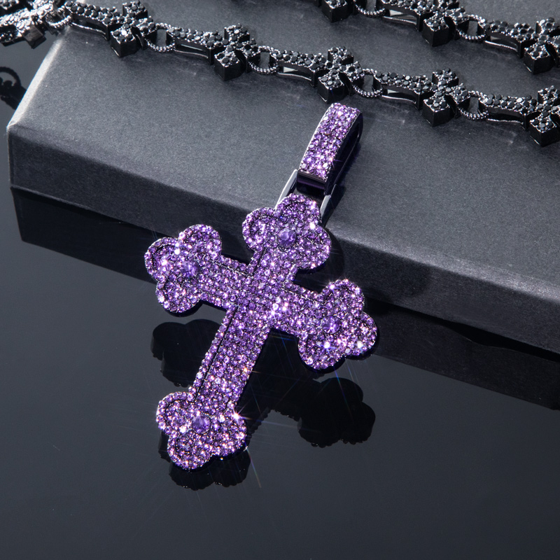 Micro Pave Purple Cross Pendant in Black Gold