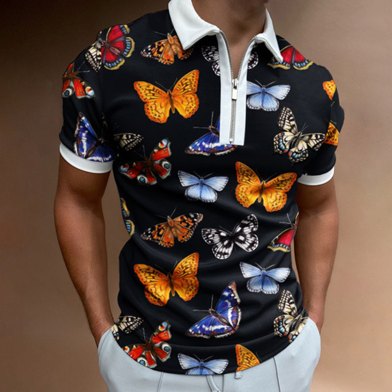 Fashionable 3D Butterfly Print Lapel Collar POLO Shirt