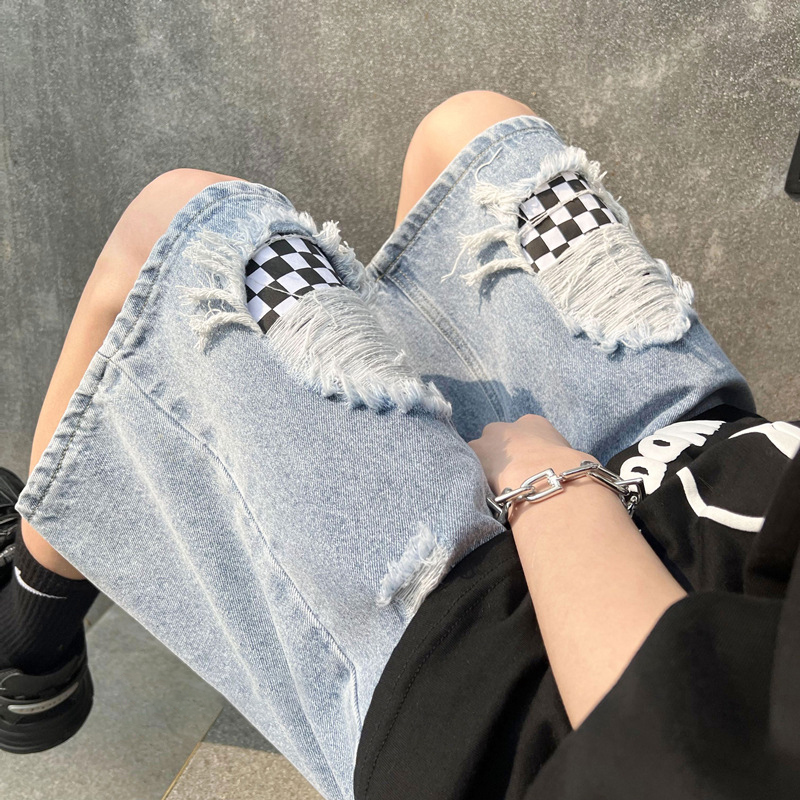 Destroyed Checkerboard Denim Shorts