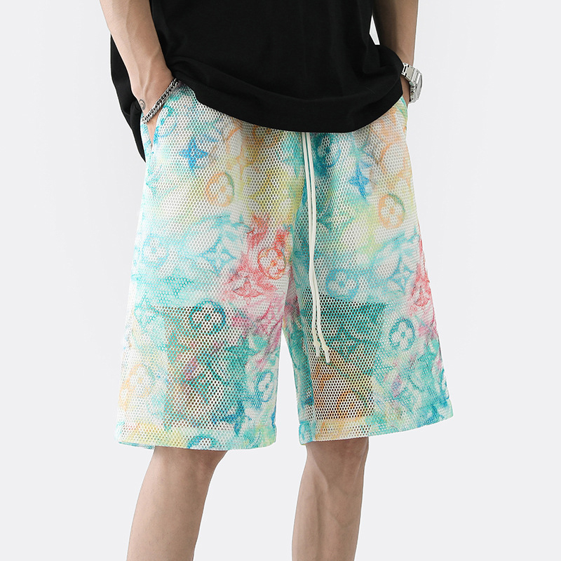 Mesh Color Block Print Cutout Beach Shorts