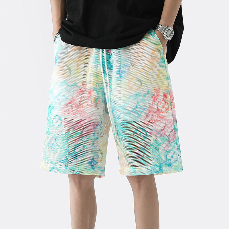 Mesh Color Block Print Cutout Beach Shorts