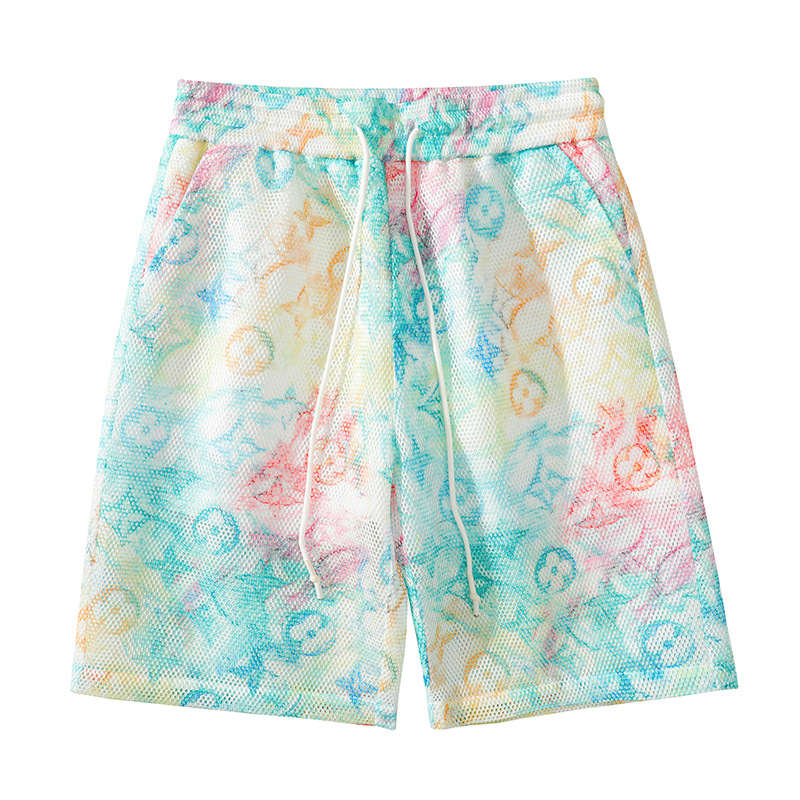 Mesh Color Block Print Cutout Beach Shorts