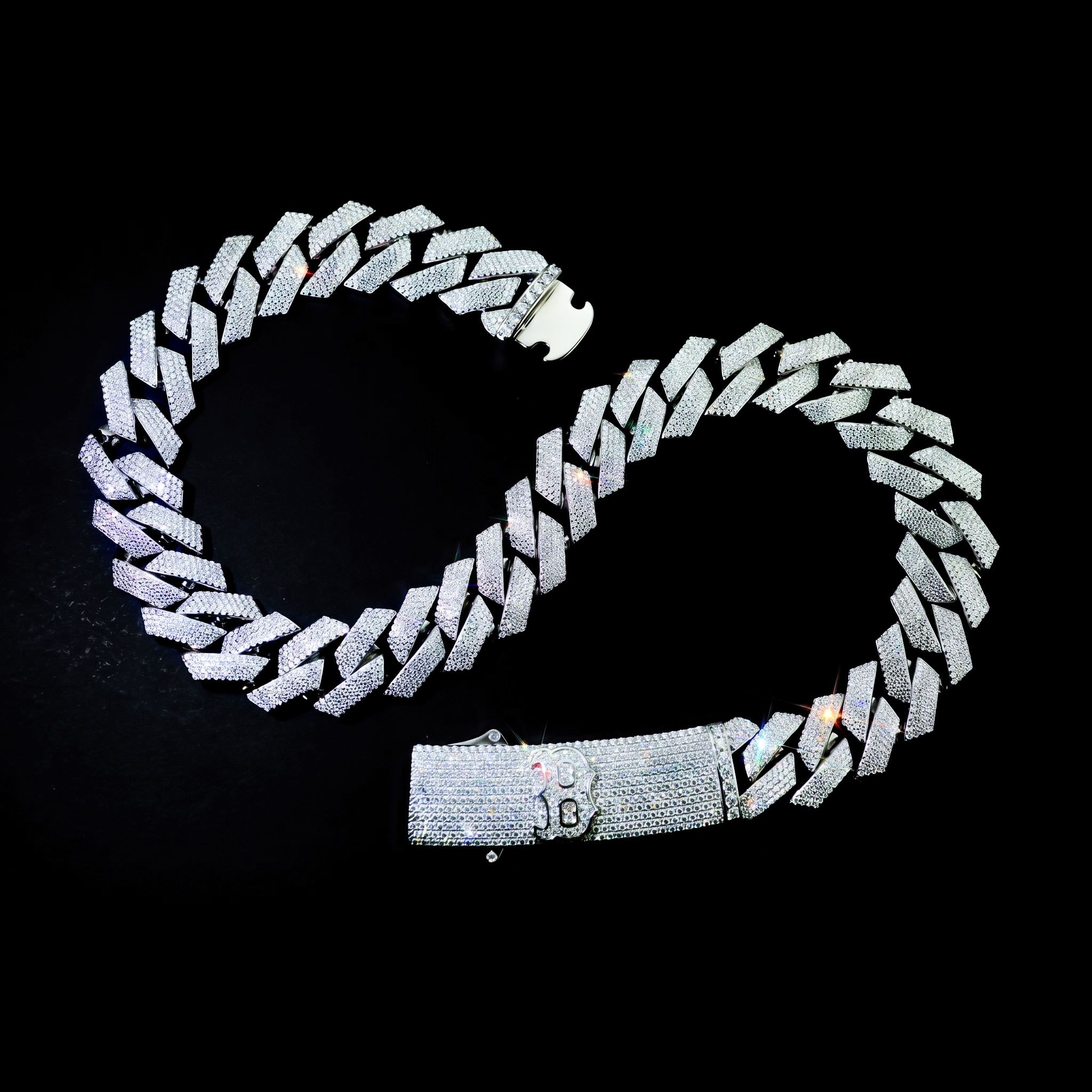Made to Order 20mm Prong Moissanite S925 Silver Cuban Link Chain with Initial Letter Box Clasp Made to Order 20mm Prong Moissanite S925 Silver Cuban Link Chain with Initial Letter Box Clasp