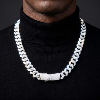 Made to Order 20mm Prong Moissanite S925 Silver Cuban Link Chain with Initial Letter Box Clasp