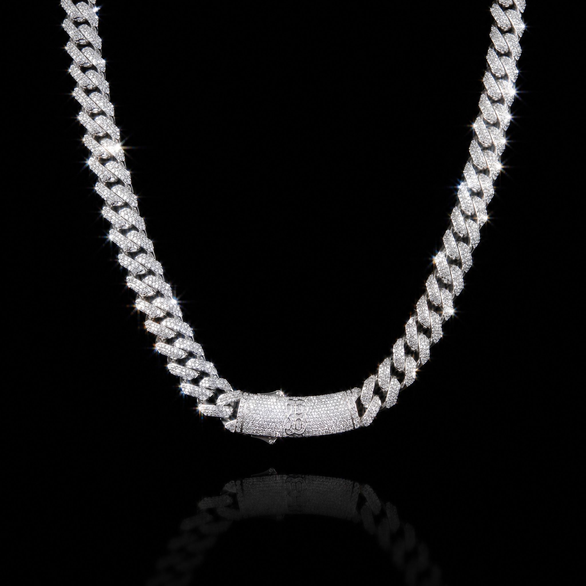 Made to Order 20mm Prong Moissanite S925 Silver Cuban Link Chain with Initial Letter Box Clasp Made to Order 20mm Prong Moissanite S925 Silver Cuban Link Chain with Initial Letter Box Clasp