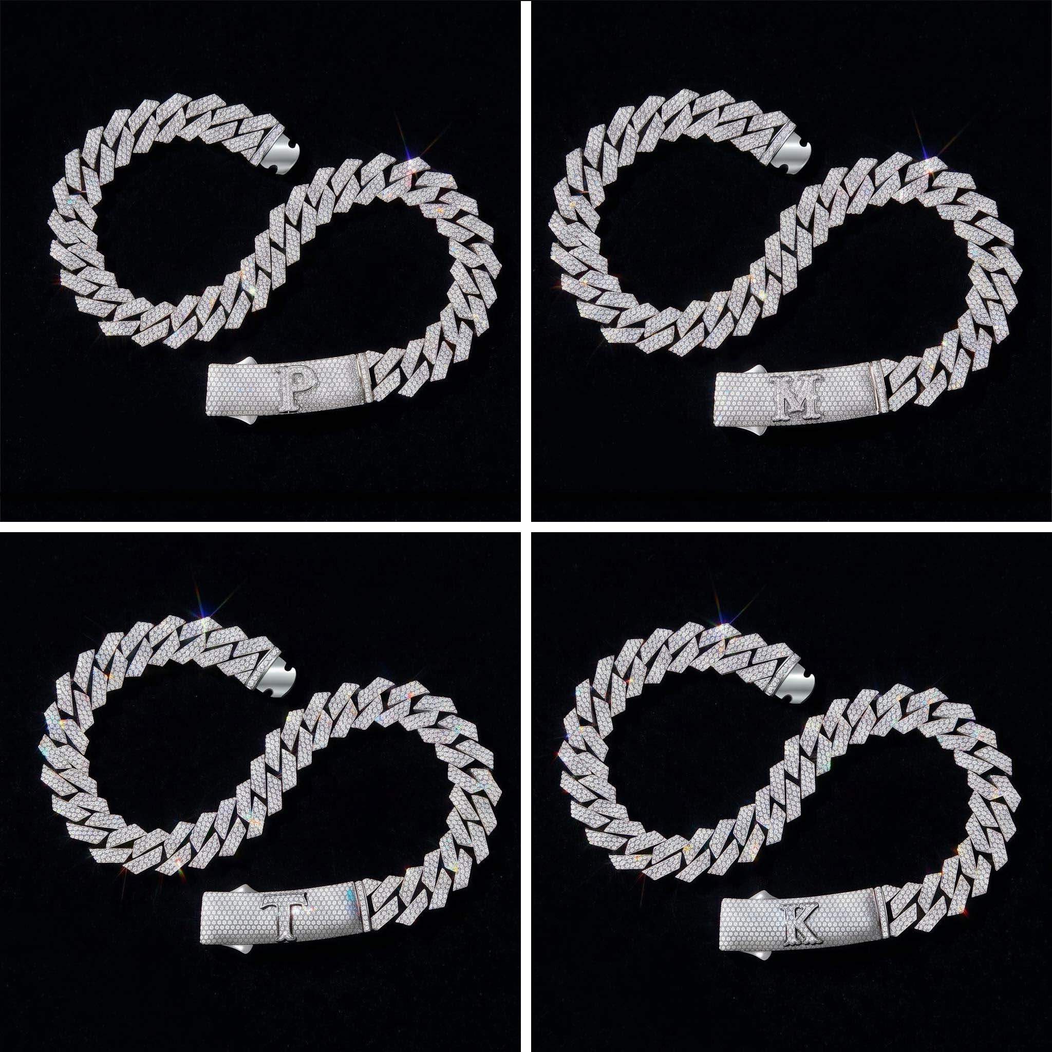 Made to Order 20mm Prong Moissanite S925 Silver Cuban Link Chain with Initial Letter Box Clasp Made to Order 20mm Prong Moissanite S925 Silver Cuban Link Chain with Initial Letter Box Clasp