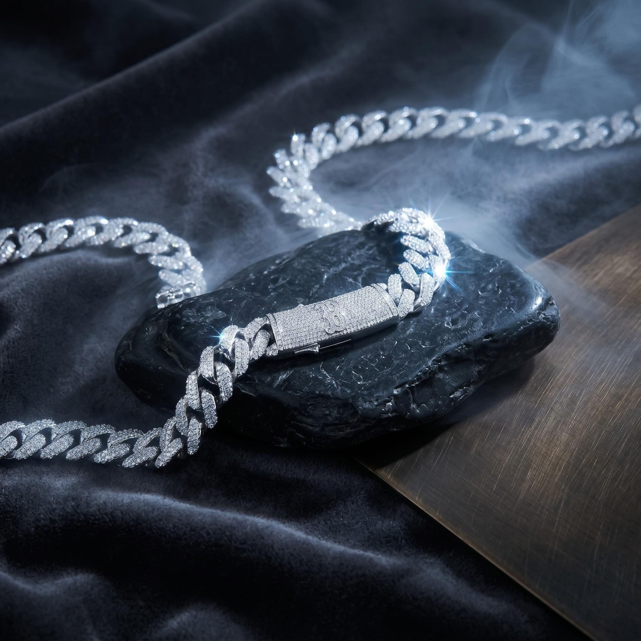 Made to Order 20mm Prong Moissanite S925 Silver Cuban Link Chain with Initial Letter Box Clasp Made to Order 20mm Prong Moissanite S925 Silver Cuban Link Chain with Initial Letter Box Clasp