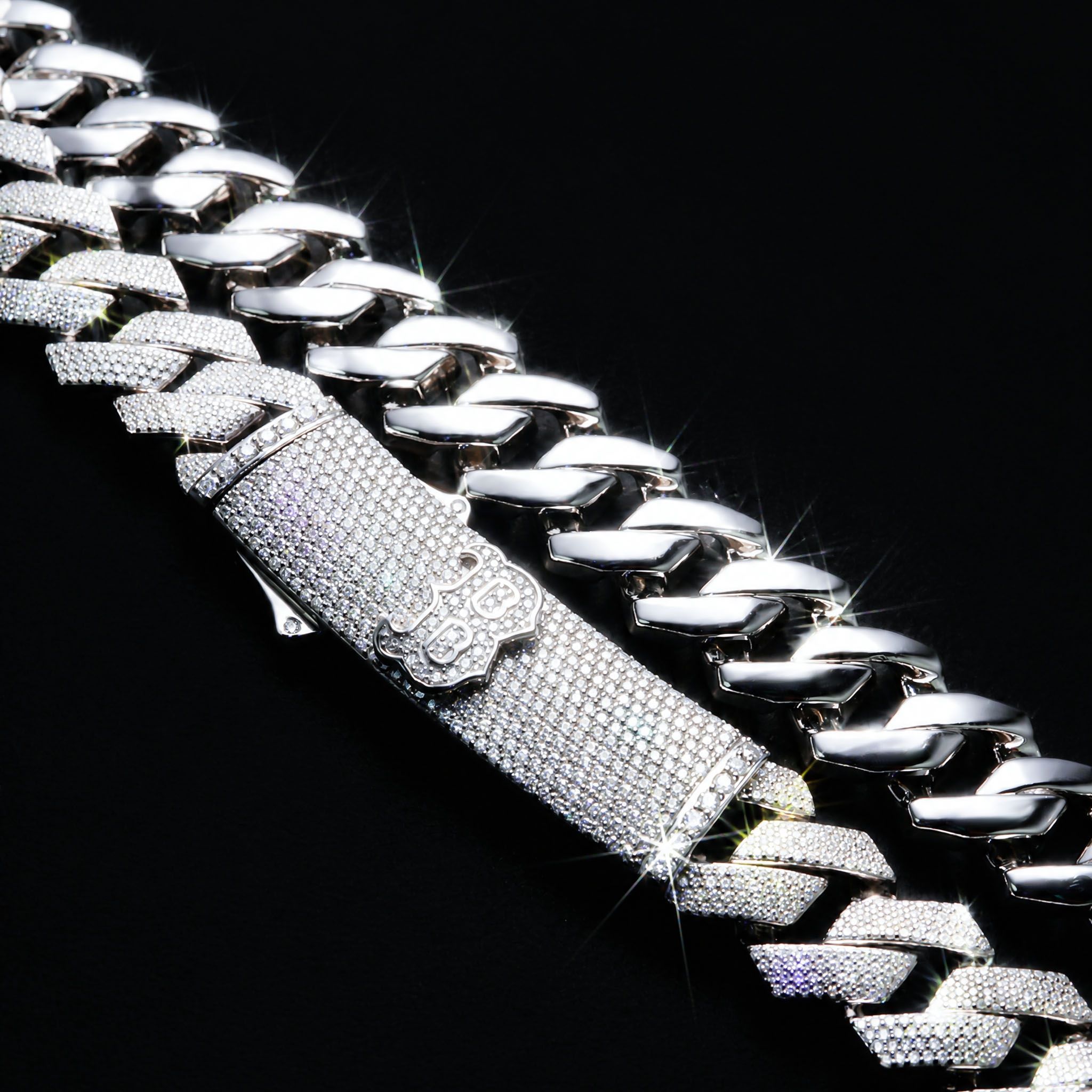 Made to Order 20mm Prong Moissanite S925 Silver Cuban Link Chain with Initial Letter Box Clasp Made to Order 20mm Prong Moissanite S925 Silver Cuban Link Chain with Initial Letter Box Clasp