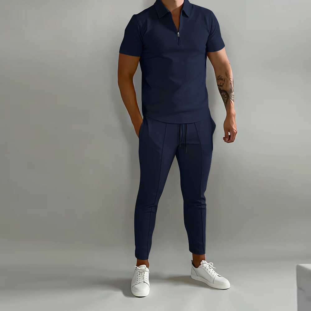 Men's Lapel Short Sleeve POLO Shirt Sports Trousers Two-piece Set