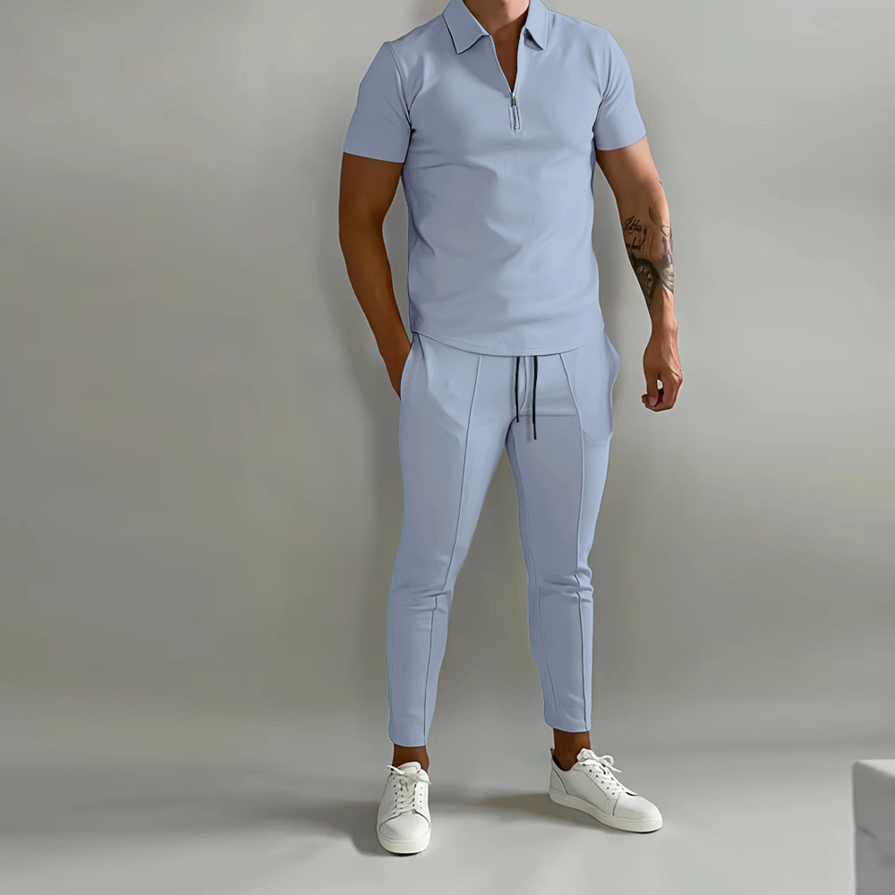 Men's Lapel Short Sleeve POLO Shirt Sports Trousers Two-piece Set