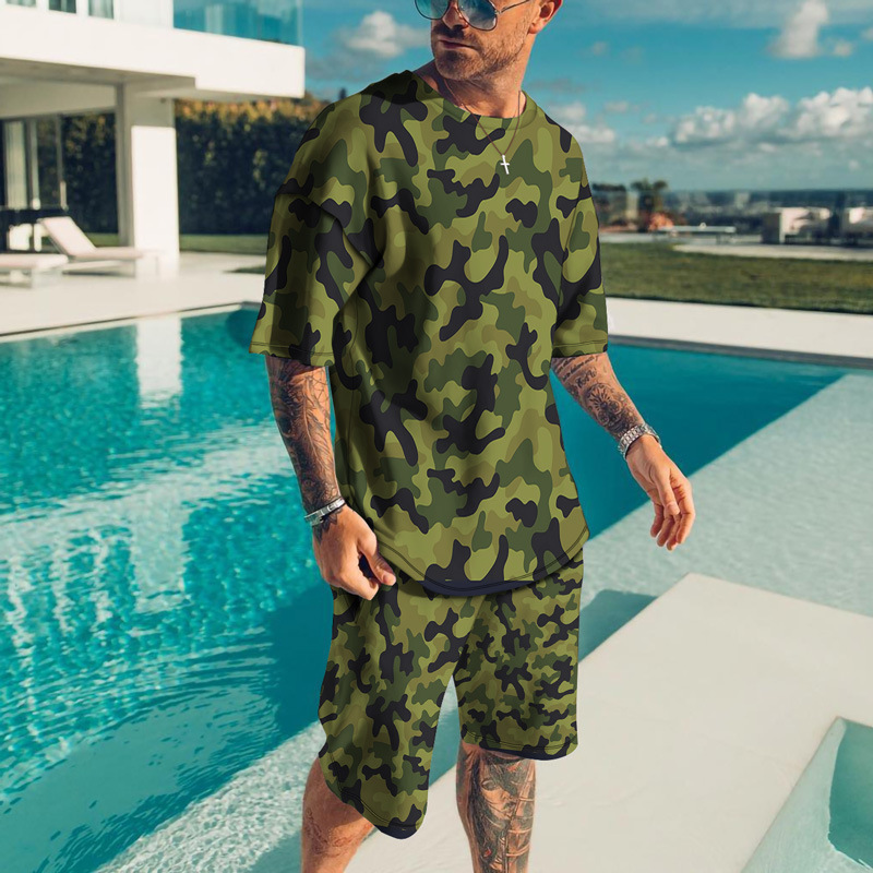 Camouflage Print Short Sleeve Shorts Set