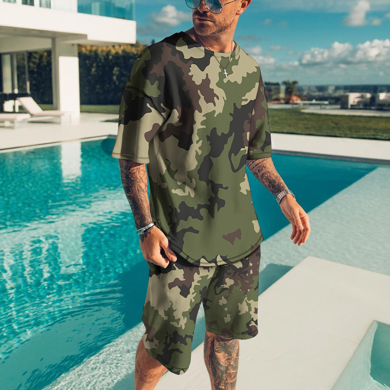 Camouflage Print Short Sleeve Shorts Set