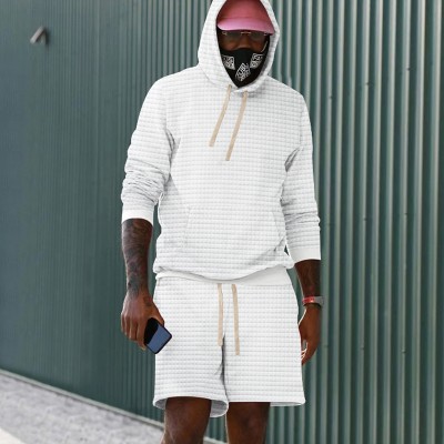Solid Color Hooded Sport Check Long Sleeve Shorts Set