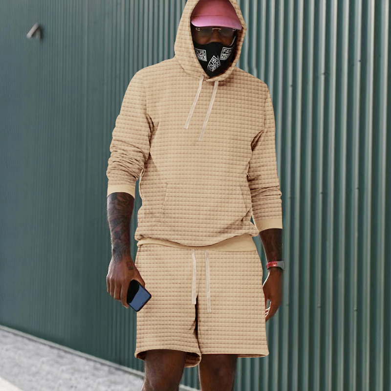 Solid Color Hooded Sport Check Long Sleeve Shorts Set