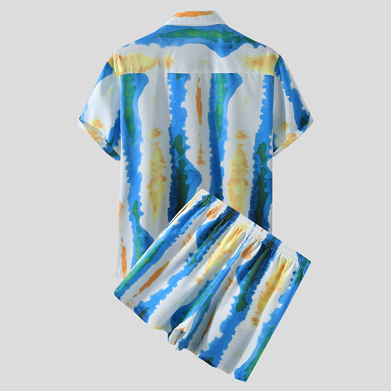 Men's Casual Beachwear Striped Printed Shirt Two Piece Set