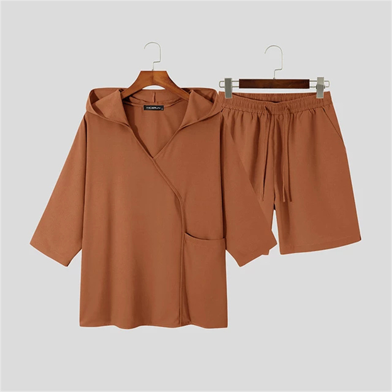 Men's Pocket Design Hooded Short Sleeve Shorts Home Set