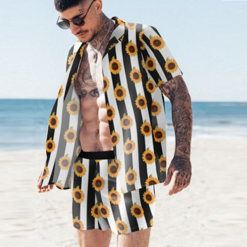 Striped Printed Casual Loose Lapel Men's Beach Suit