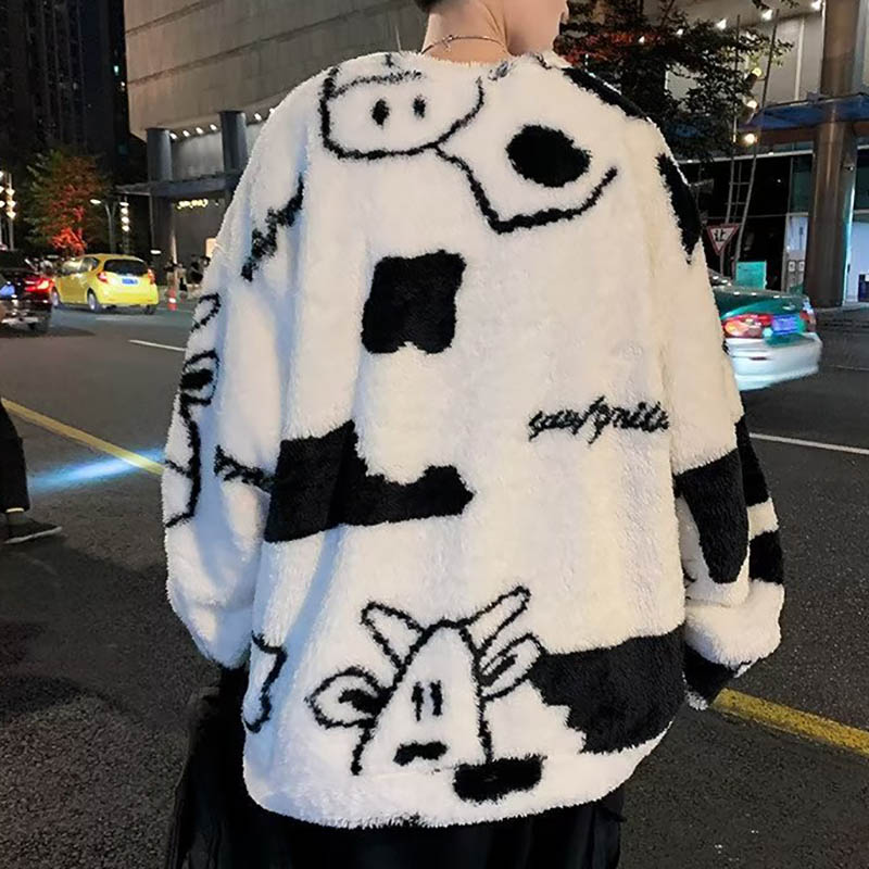 Trendy Pullover Literary  Cow Cartoon Printing Sweater