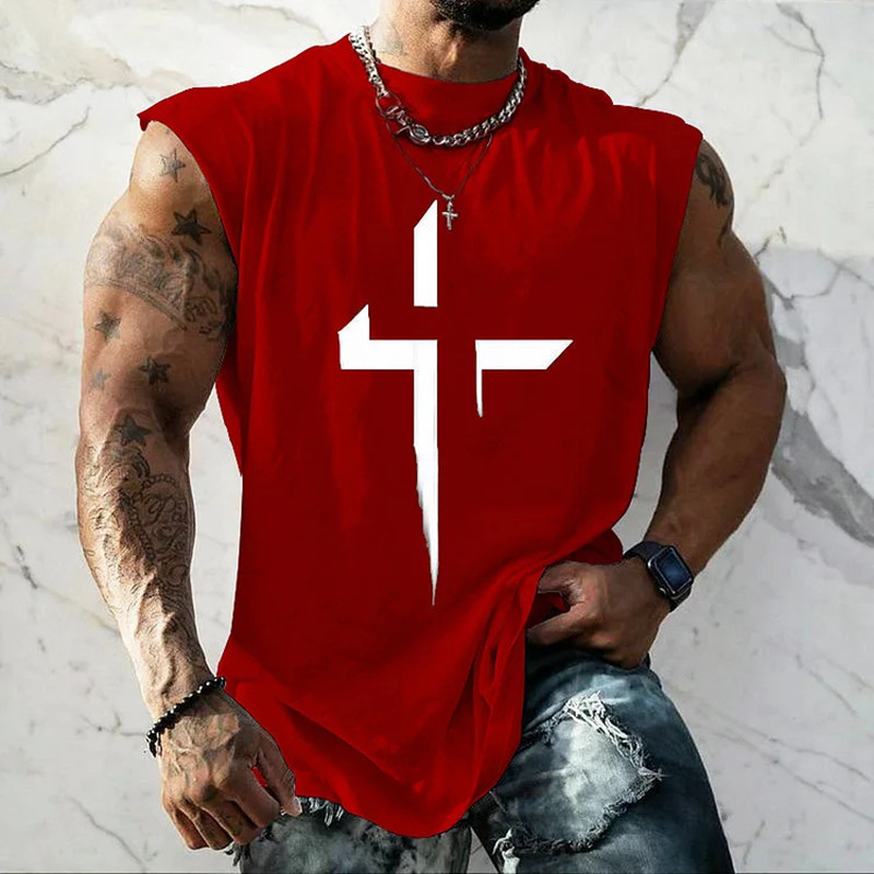 Men's Casual Cross Print Sleeveless Muscle Tank Top