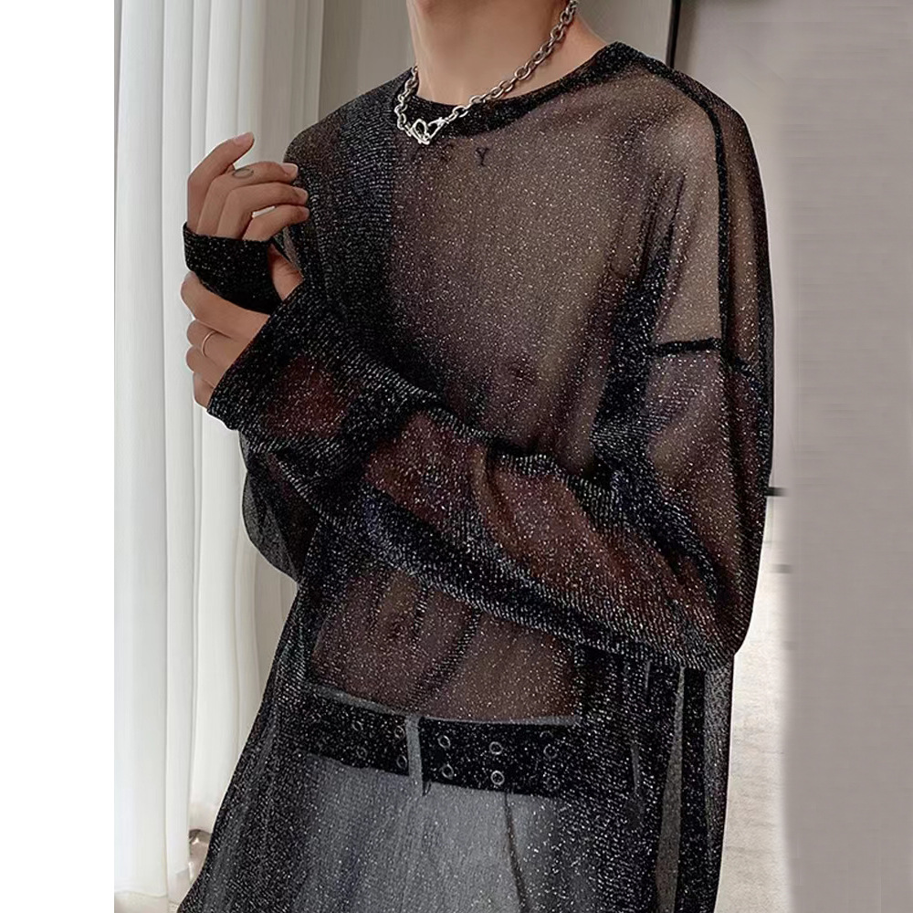 Mesh Shiny Sheer Long Sleeve T-Shirt