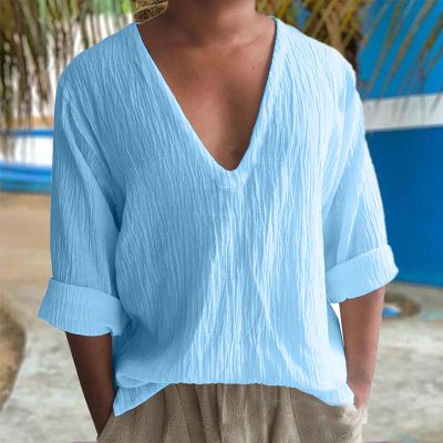Long Sleeve Solid Color V-Neck Washed Cotton T-Shirt