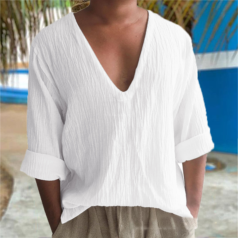 Long Sleeve Solid Color V-Neck Washed Cotton T-Shirt