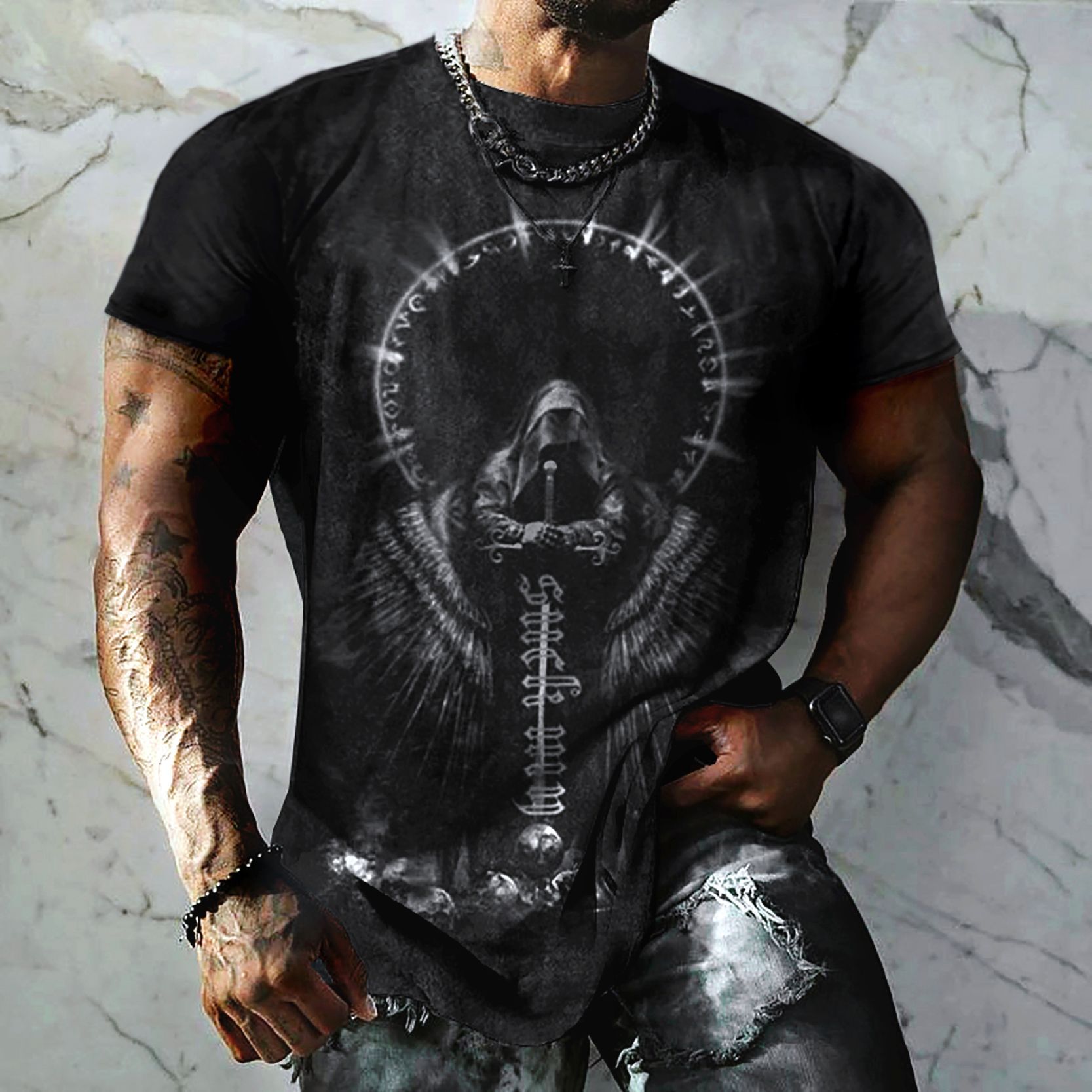 Delta Jesus Print T-Shirt, Made in USA, Men's Size L cotton black type Vintage Second Hand