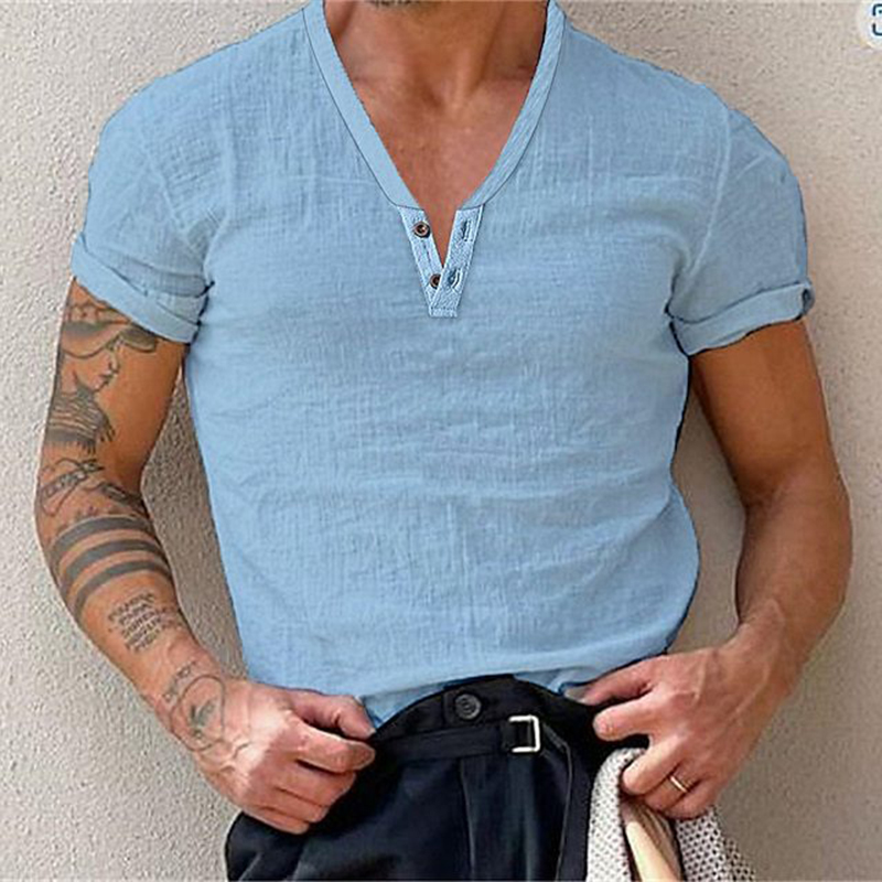 VSSSJ Cotton and Linen Shirts for Men Big and Tall Solid Color Short Sleeve  V-Neck T-Shirt Fashion Summer Moisture Wicking Pullover Tops Khaki XL