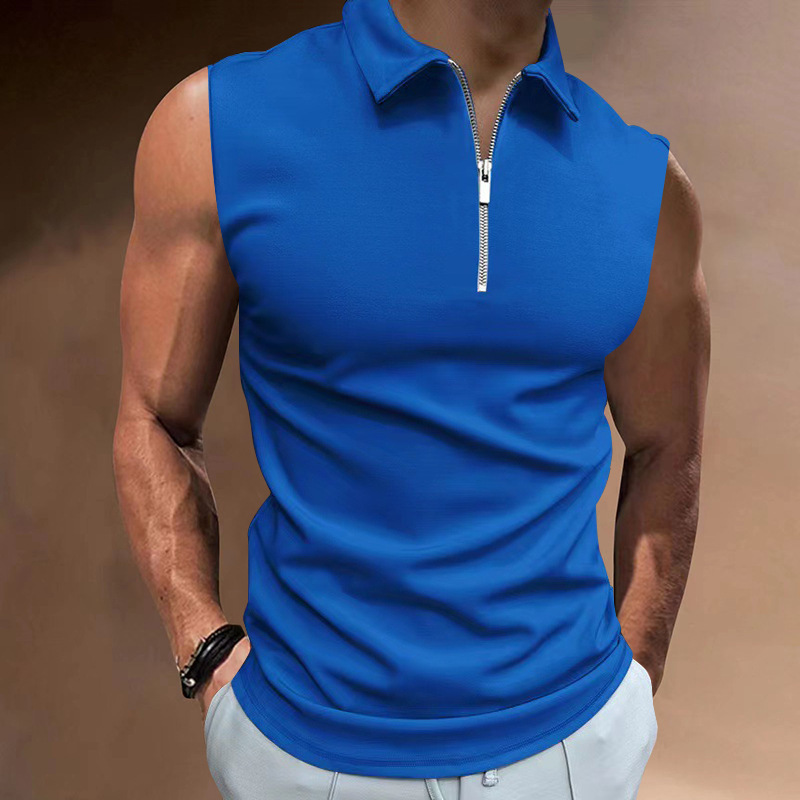 Men's Solid Color Lapel Zip Polo Shirt