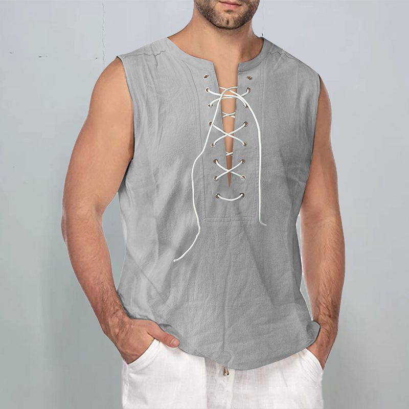 Men's Tethered Sleeveless Cotton Linen Vest