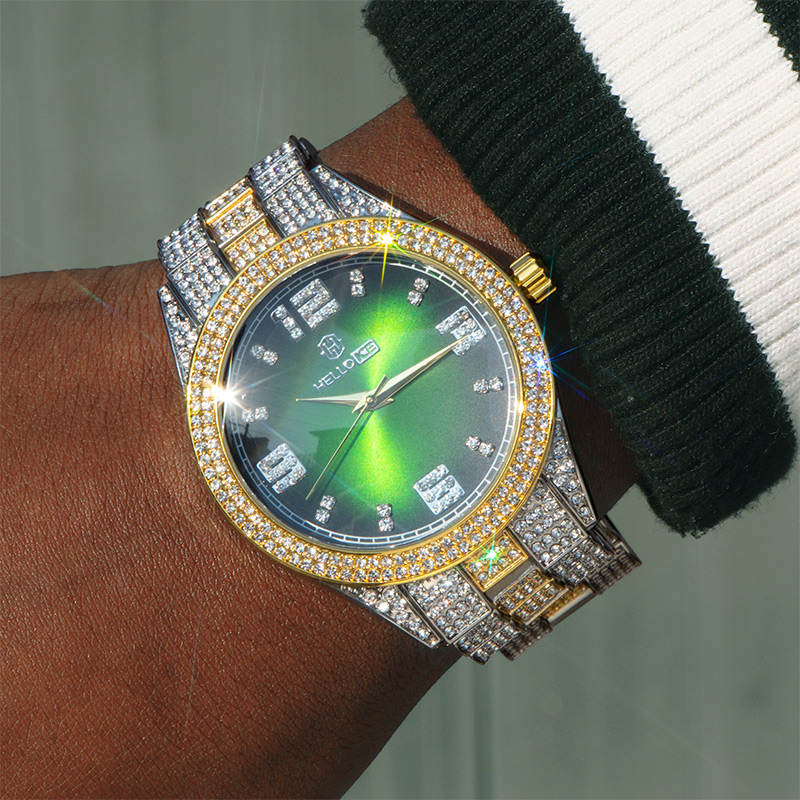 Iced Emerald Roman Numerals Mens Wrist Watch