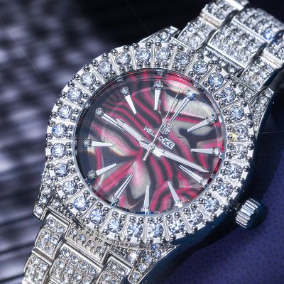 Fully Iced Red Sea Shell Dial Mens Watch in White Gold