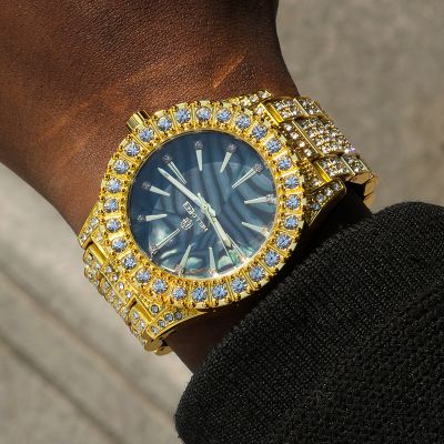 Micro Pave Sea Shell Dial Mens Watch in Gold