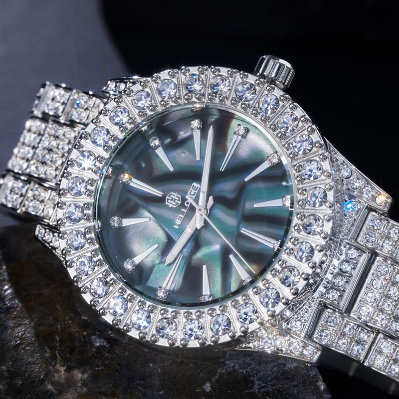 Fully Iced Sea Shell Dial Mens Watch in White Gold