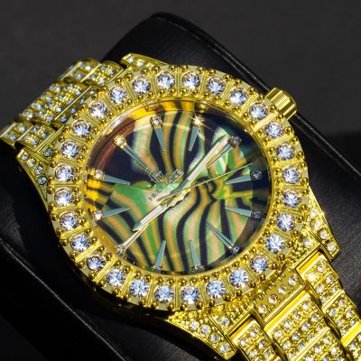 Luxury Iced Multi-color Sea Shell Dial Mens Watch in Gold