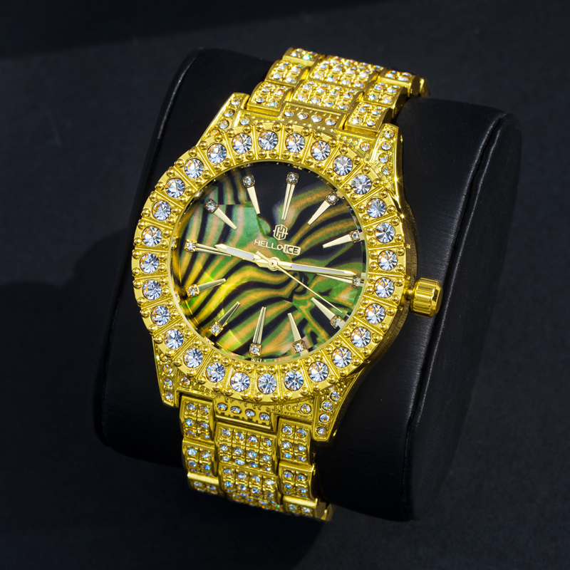 Luxury Iced Multi-color Sea Shell Dial Mens Watch in Gold