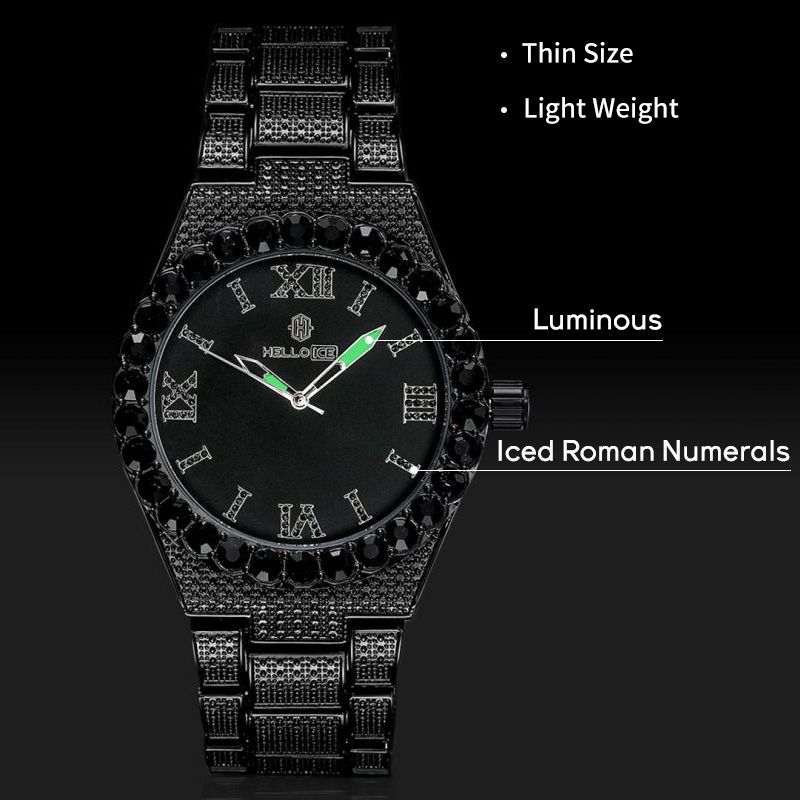 Iced Luminous Roman Numerals Men's Watch in Black Gold
