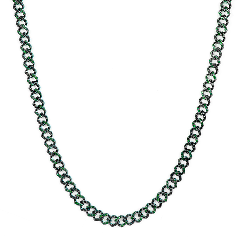 11mm Emerald & Black Stones Cuban Chain for Women
