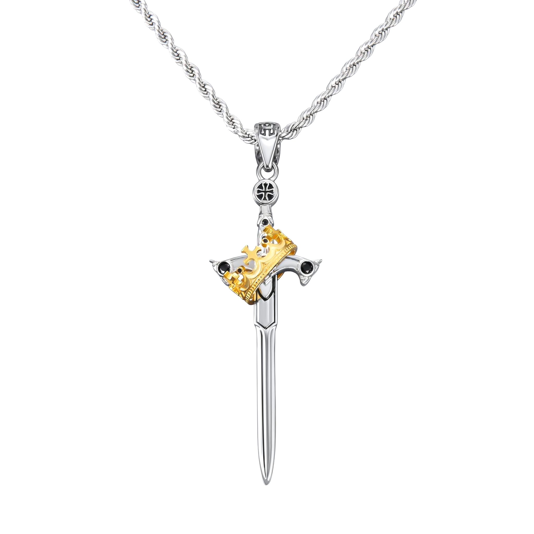 Iced Two Tone Sword & Crown Necklace