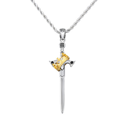 Iced Two Tone Sword & Crown Necklace