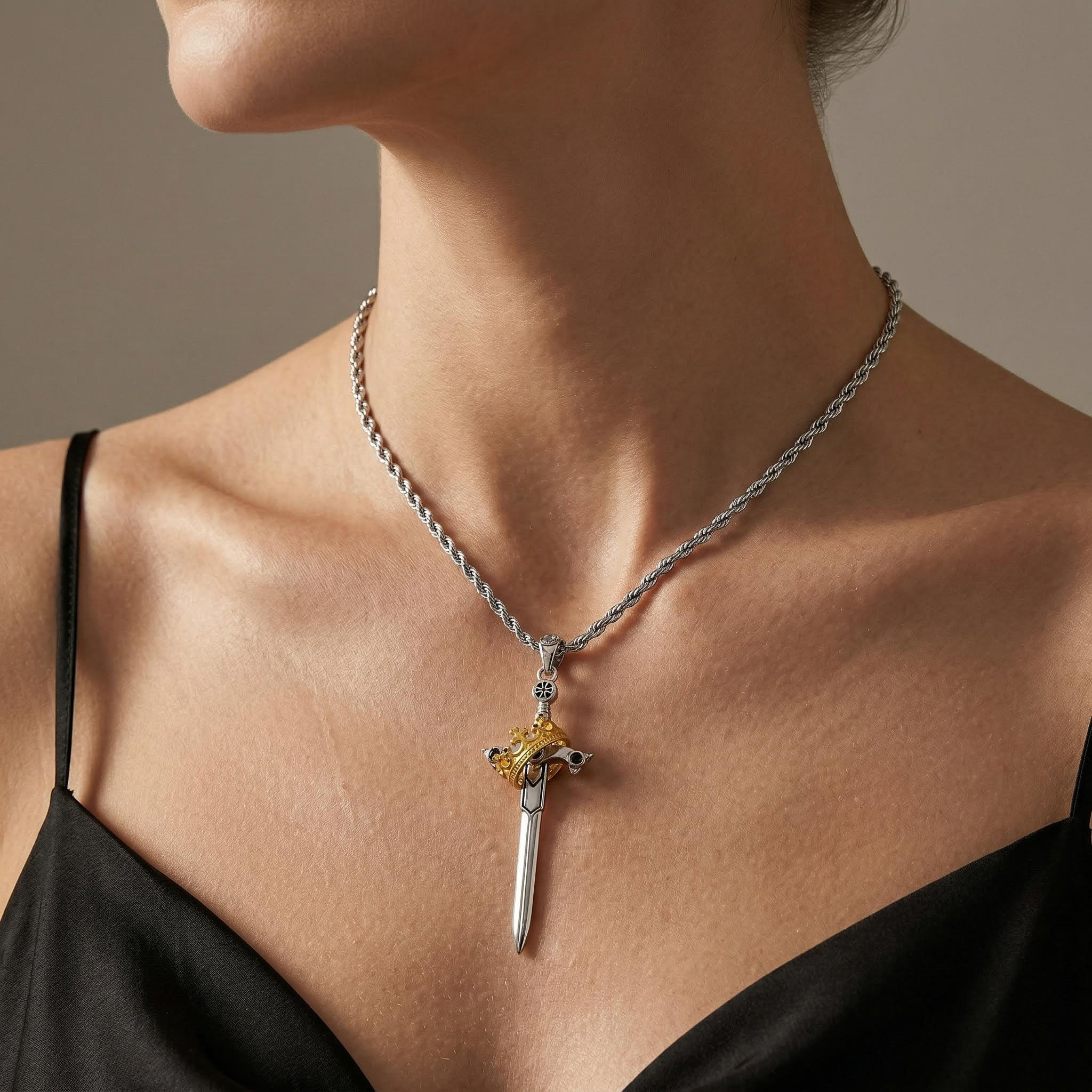 Iced Two Tone Sword & Crown Necklace