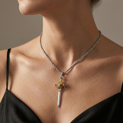 Iced Two Tone Sword & Crown Necklace