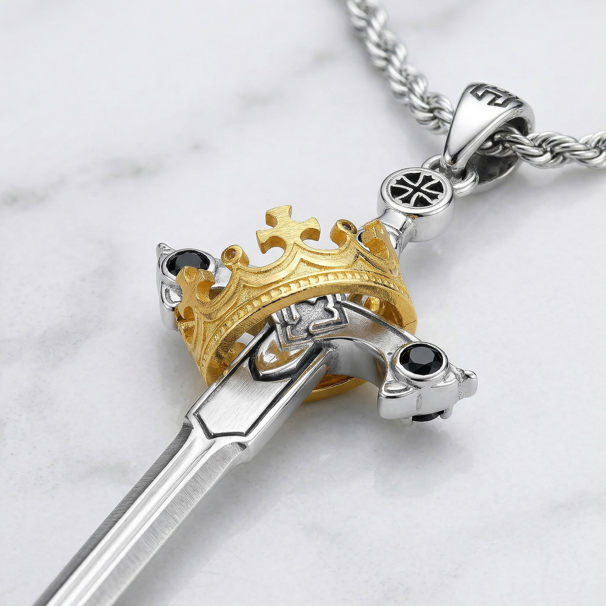 Iced Two Tone Sword & Crown Necklace