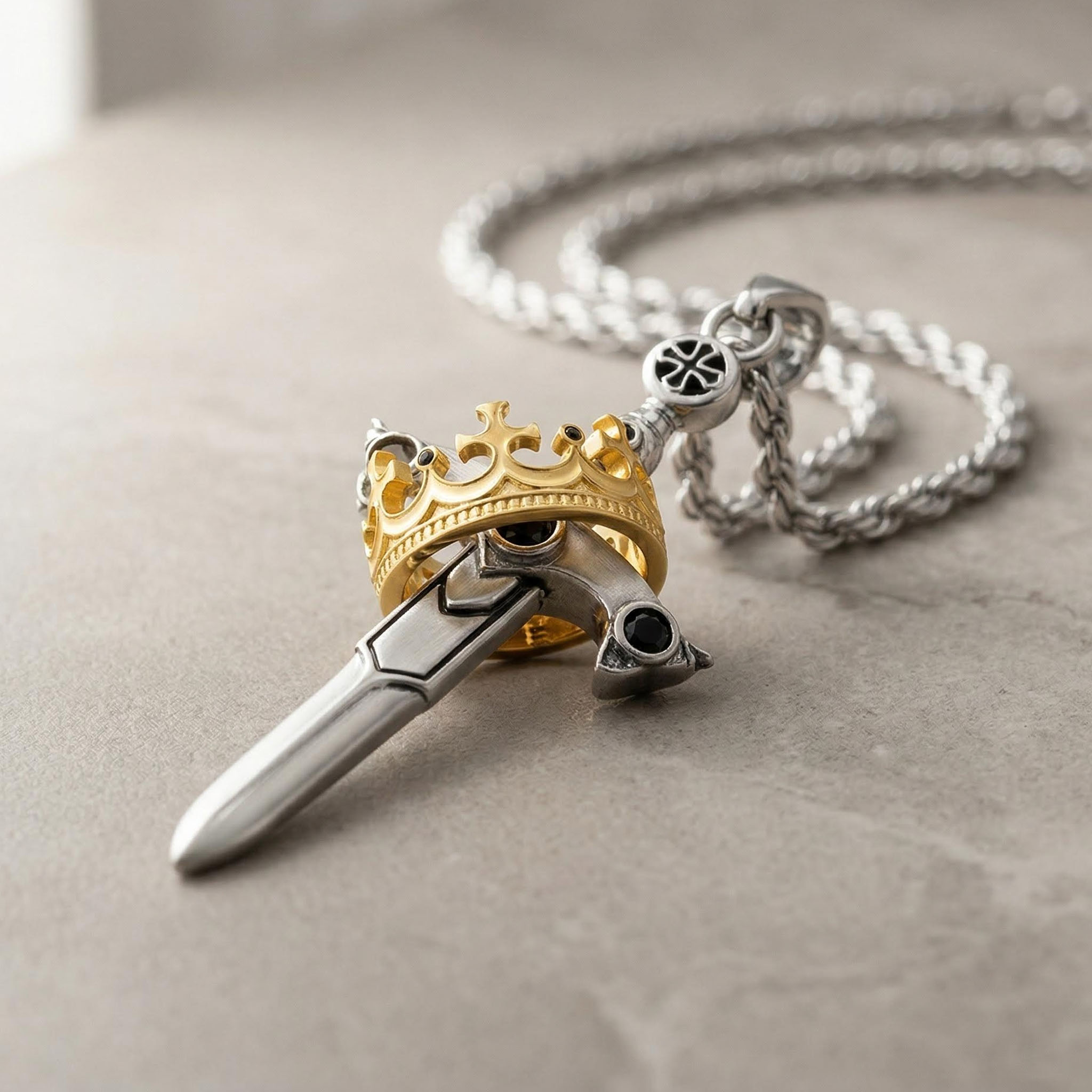 Iced Two Tone Sword & Crown Necklace