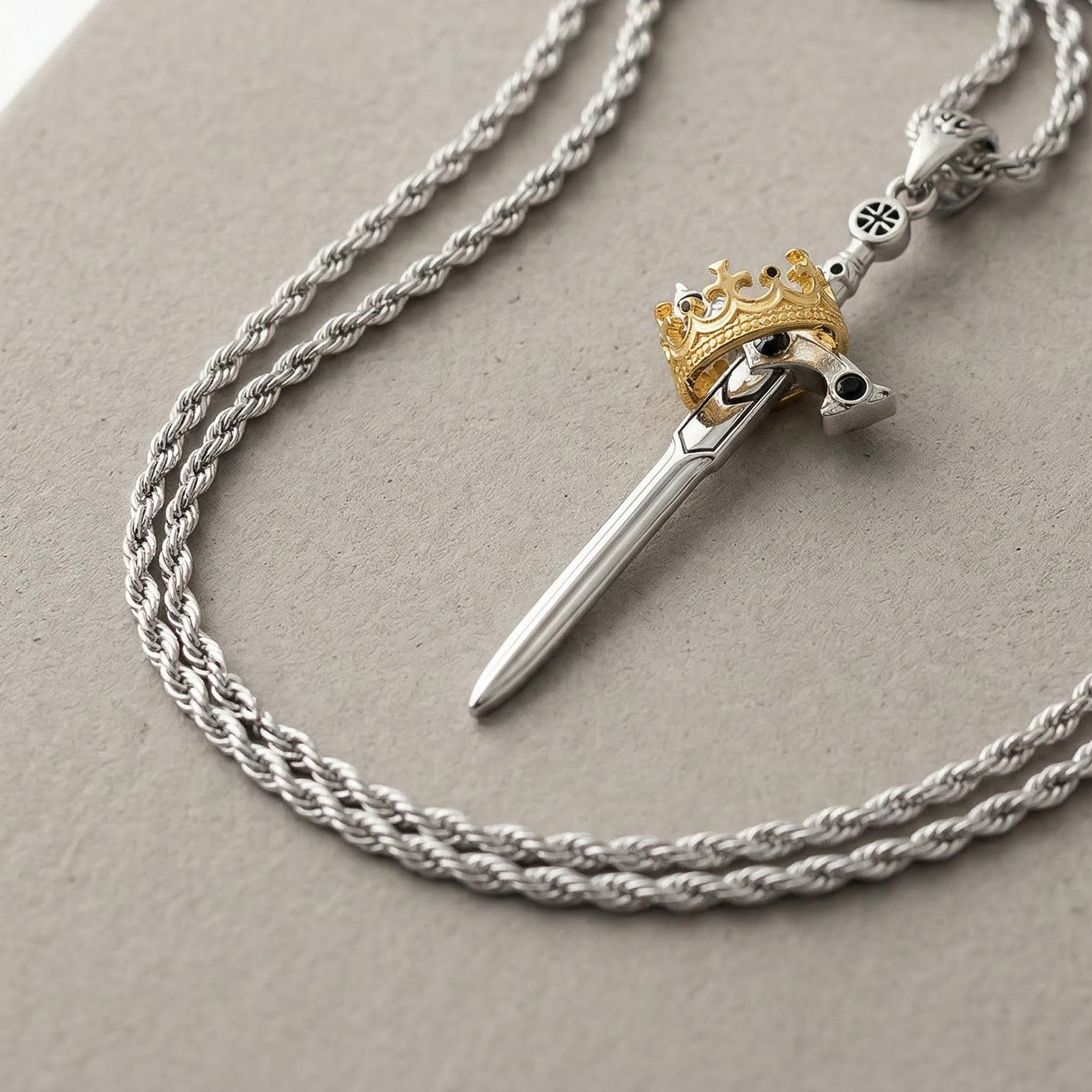 Iced Two Tone Sword & Crown Necklace