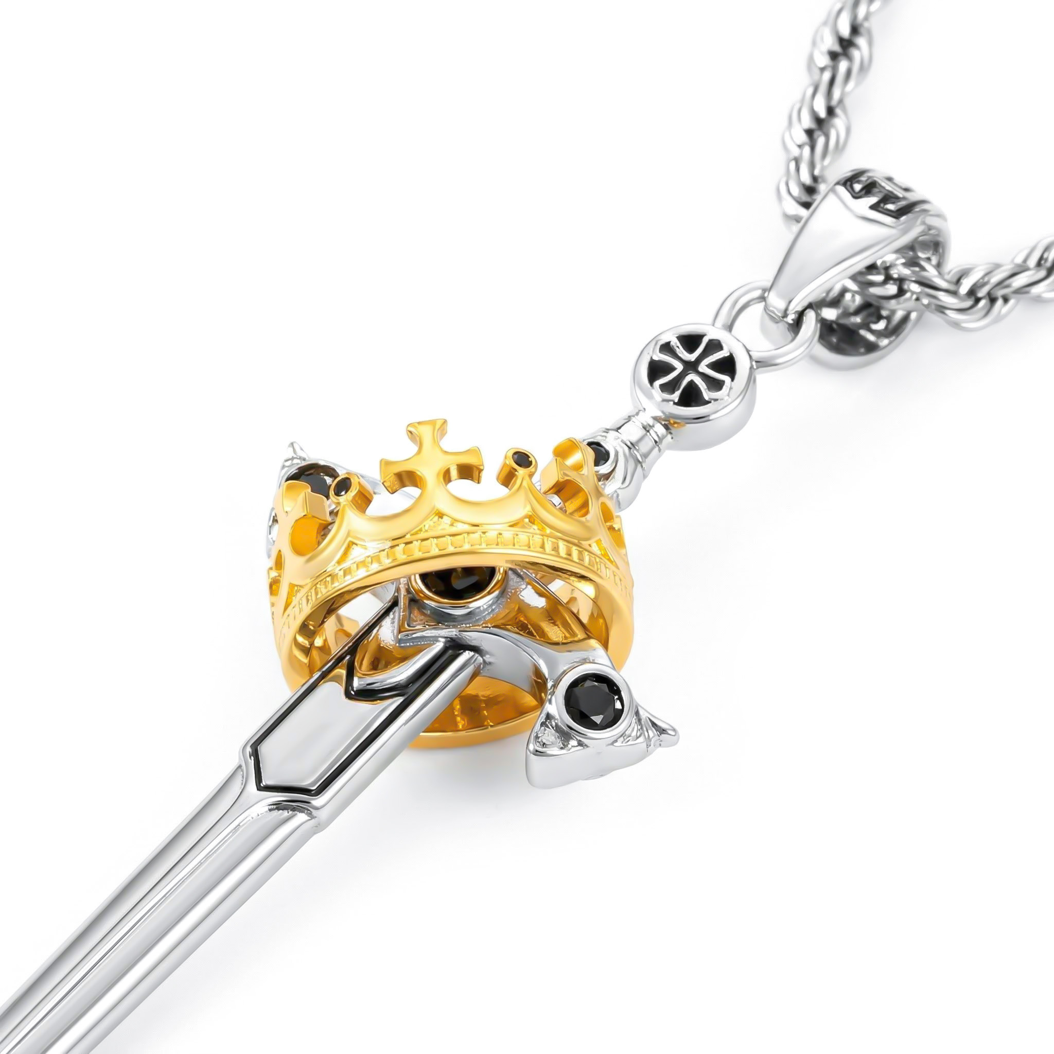 Iced Two Tone Sword & Crown Necklace
