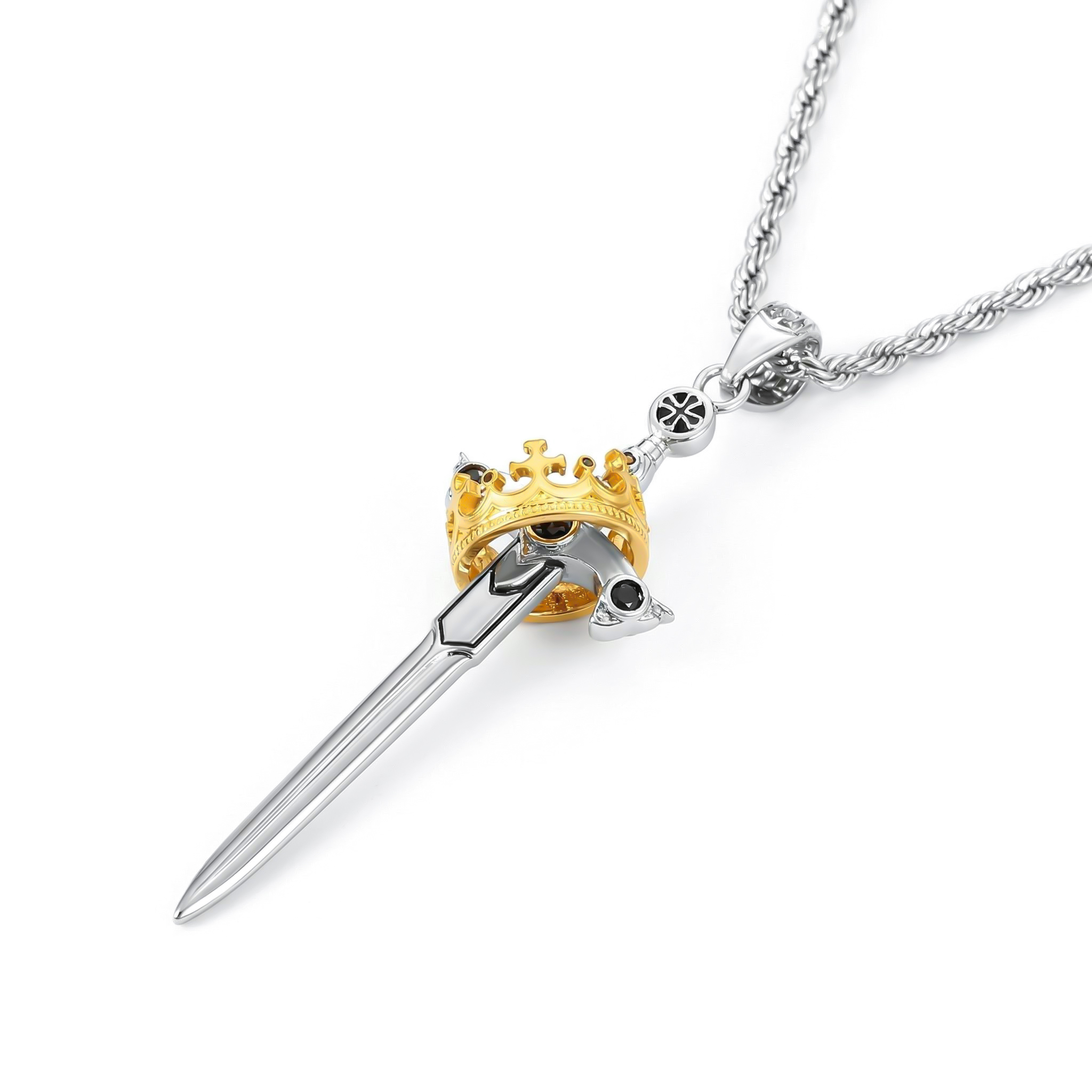 Iced Two Tone Sword & Crown Necklace