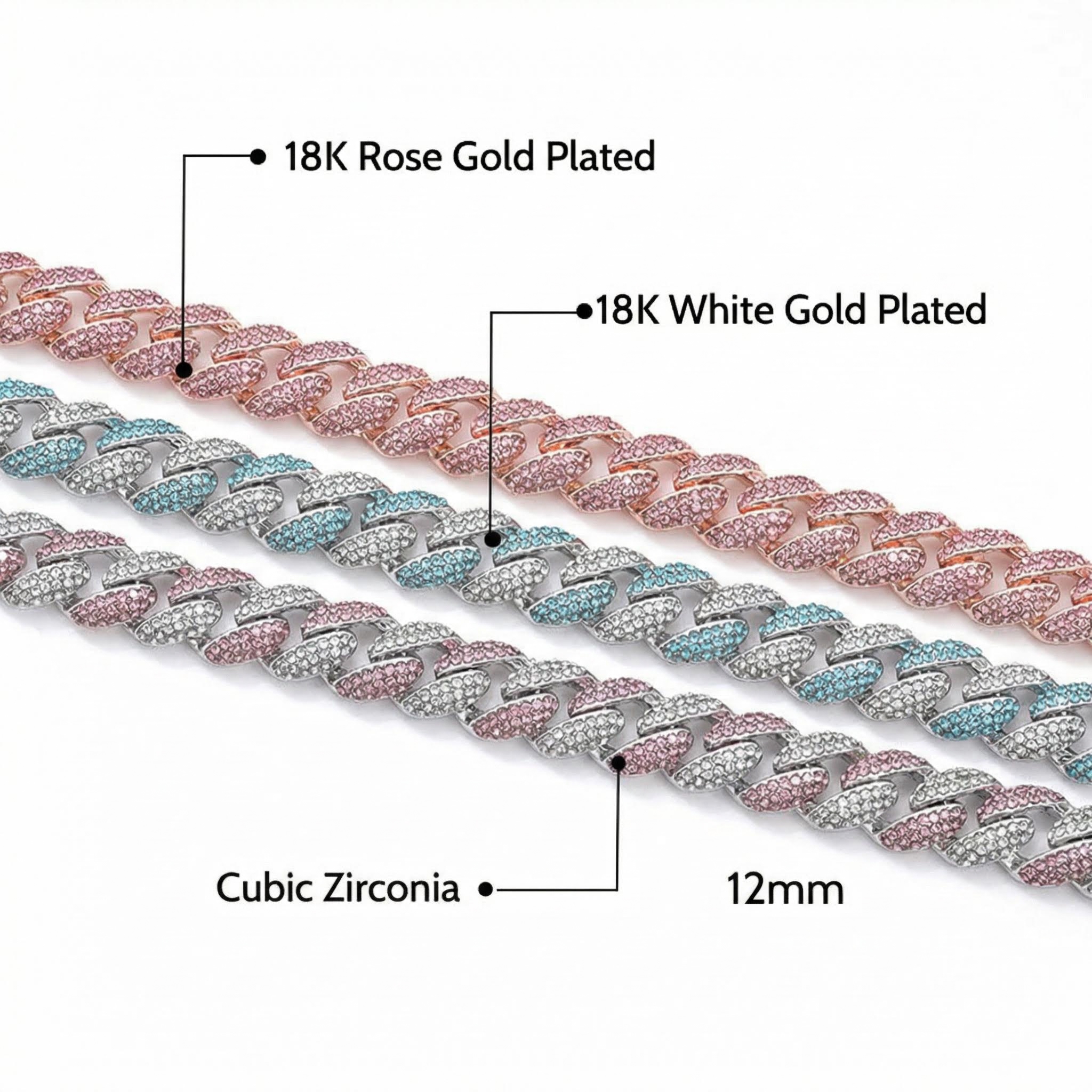 Women's 12mm Pink/Blue Micro Paved Cuban Chain